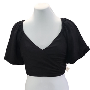 NWT MIDNIGHT SKY Black linen blend puff sleeve crop top